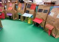 a town made out of lunch bags