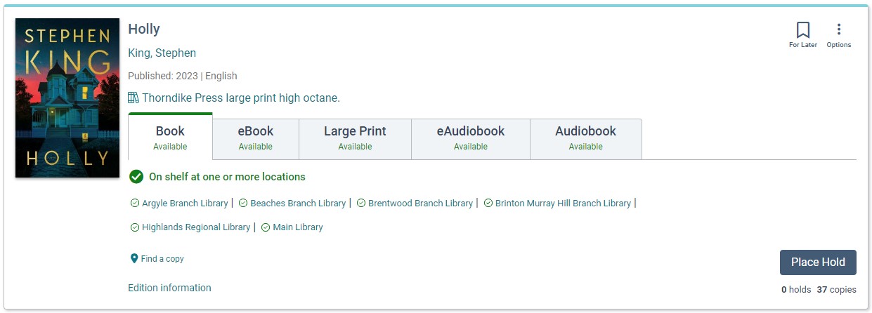 Image of the available formats for the Stepehn King book Holly