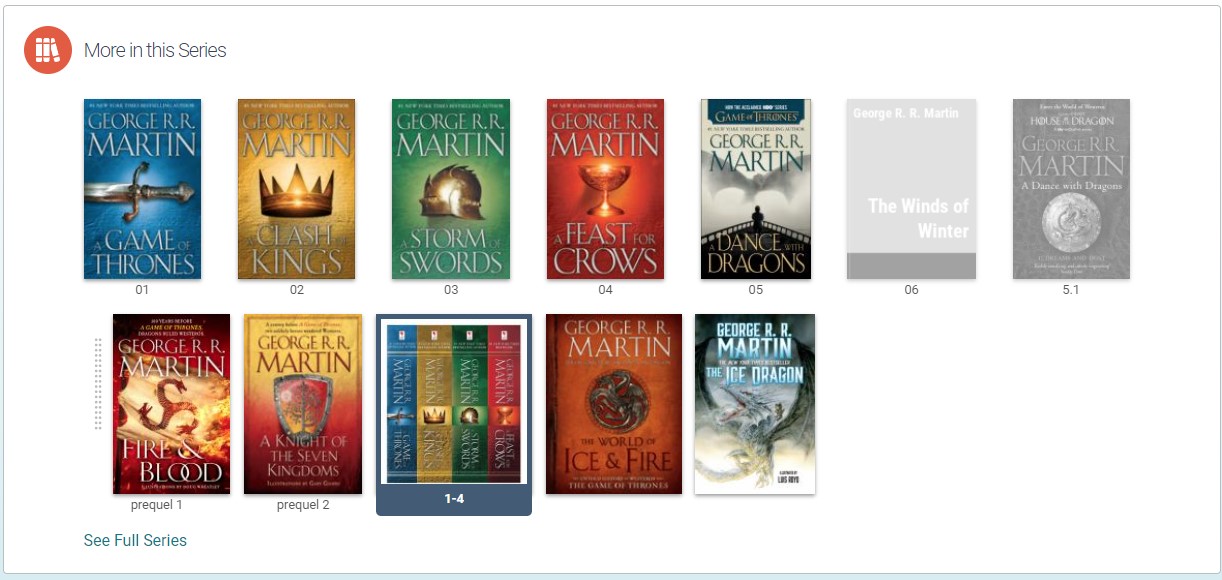 Image of new catalog search results displaying book titles in a series