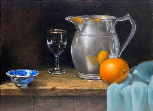 a painting with a pewter pitcher and an orange sitting on a table