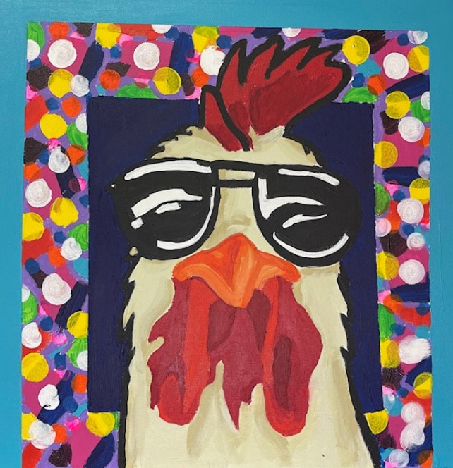 Painting of a chicken in sunglasses