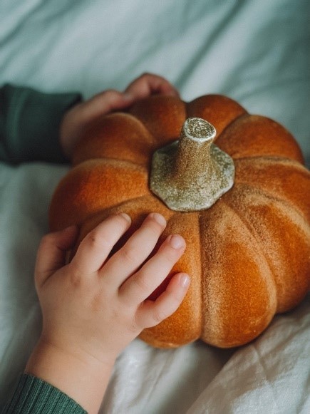 child holding pumpkin