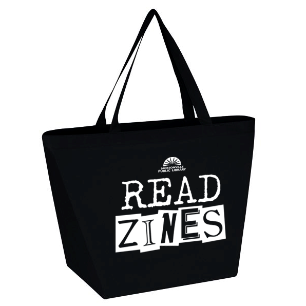 A black tote with "Read Zines" on the front