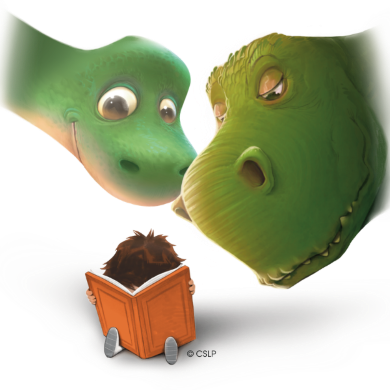 Two dinosaurs look over a young child's shoulders to see what he's reading