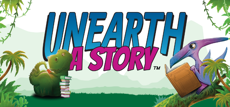 Unearth a Story featuring illustrated dinosaurs, reading