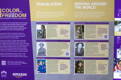 A photo of several panels in the exhibit. Includes one panel titled "Trailblazers" and another titled "Serving Around the World." Each has photos and bios of three women.