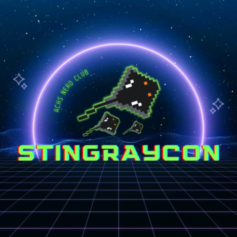 Stingray Con logo with an 80's retro game feel and 8-bit stingrays