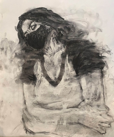 Woman with mask, in charcoal