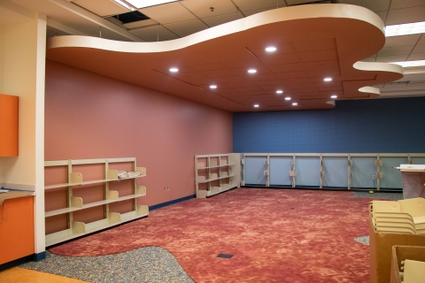 New carpet, shelving, and lighting installations in the Highlands Regional Library children's area