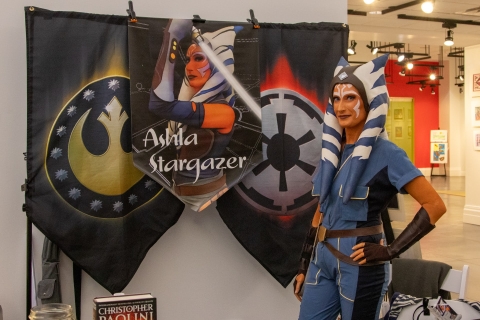 A photo of a cosplayer dressed as Ahsoka from Star Wars