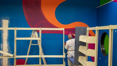 Red, orange, and blue colorful wall painting