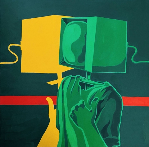 Abstract image of a person with a television for a head
