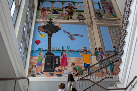 Allegory of a Library mural in the stairwell between floors two and three