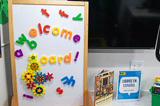 interior of bookmobile with welcome sign