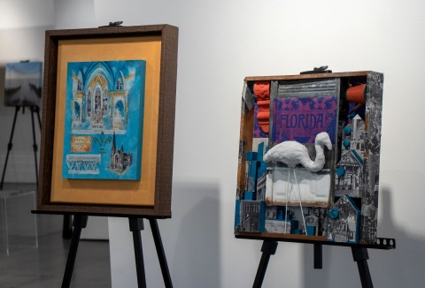 Analytique of Immaculate Conception Church on the left and mixed media piece with plaster flamingo on the right