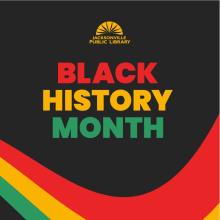 Black History Month in red, yellow and green. An abstract flag in the same colors swoops across the bottom