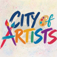City of Artists logo on top of a mixed media collage on canvas recreating the City of Jacksonville seal