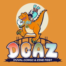 Duval Comic and Zine Fest 2025. Image includes illustration of a young black girl riding an orange dinosaur.