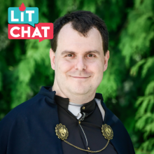 Lit Chat logo superimposed on a photo of Django Wexler