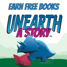 Unearth a Story: Earn Free Books. Includes an illustration of a blue dino holding a red book.