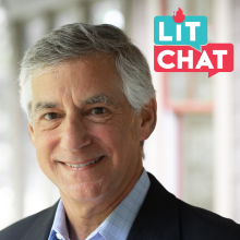 Kevin Sack headshot photo with Lit Chat logo
