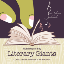 Music Inspired by Literary Giants, conducted by Marguerite Richardson. Music notes are released as a finger turns the page of a book.
