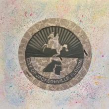 A mixed media collage on canvas recreating the City of Jacksonville seal