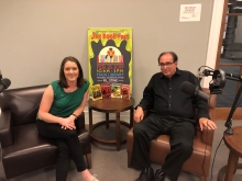 Completely Booked podcast host Jenna, sitting next to Goosebumps author RL Stine for his interview on the JPL podcast