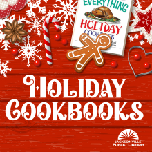 Holiday Cookbooks. Image features a gingerbread cookie, candy canes, and a cookbook