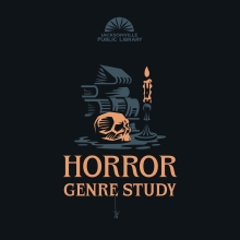Horror Genre Study. Image includes a skull in front of a stack of books.