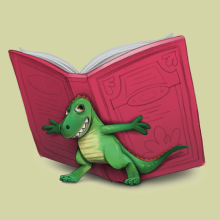 An illustration of a tiny green dinosaur holding a large red book open for someone to read