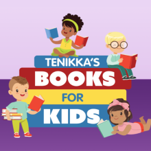 Tenikka's Books for Kids logo with kids reading books, on top of a stack of books