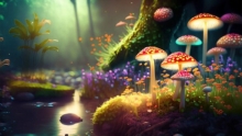 An AI-generated image of a forest with glowing mushrooms