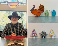 Photos of smiling library volunteer and examples of origami in the shape of a turkey, swans, pine trees, and elaborate star.