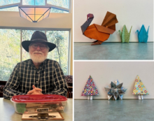 Photo of smiling library volunteer and examples of origami in the shape of a turkey, swans, pine trees, and elaborate star.