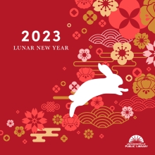 Lunar New Year. Image shows a white rabbit jumping across a red background filled with stylized flowers.