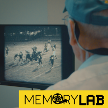 Richard T. Marchionda watches footage of a 1964 football game. Text reads: Memory Lab.