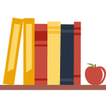 illustration of books and apple on a shelf