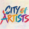 City of Artists logo on top of a mixed media collage on canvas recreating the City of Jacksonville seal