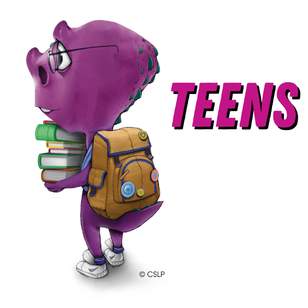 Teens with a purple dinosaur carrying books and wearing a backpack