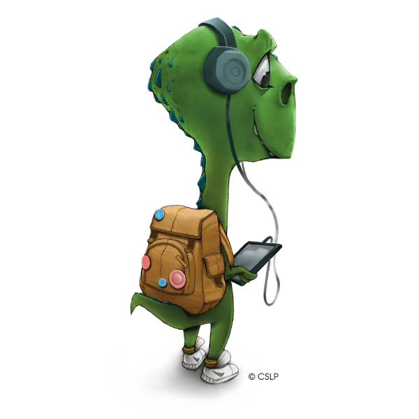 Illustration of a teenage dinosaur wearing a backpack, holding a tablet