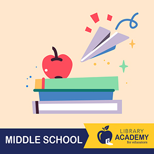 Illustration of an apple on a stack of books and a paper airplane - Library Academy for Educators Middle School
