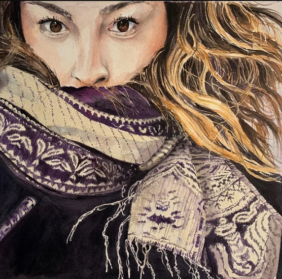 Her favorite scarf by LuAnn Dunkison is a closeup portrait of a woman in a scarf in watercolor