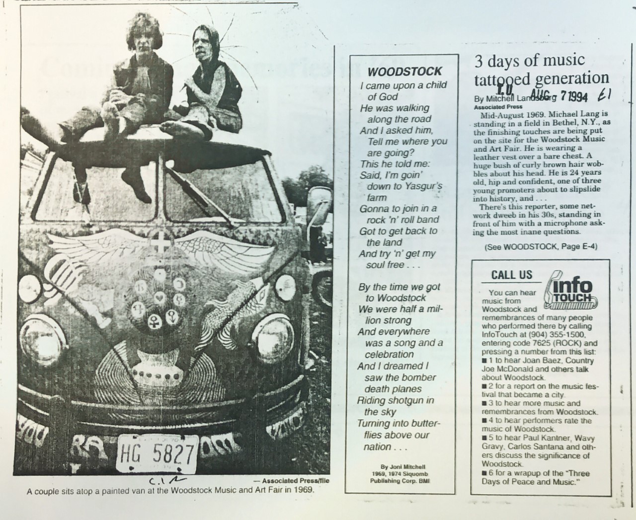 Woodstock newspaper article showing couple on top of a car
